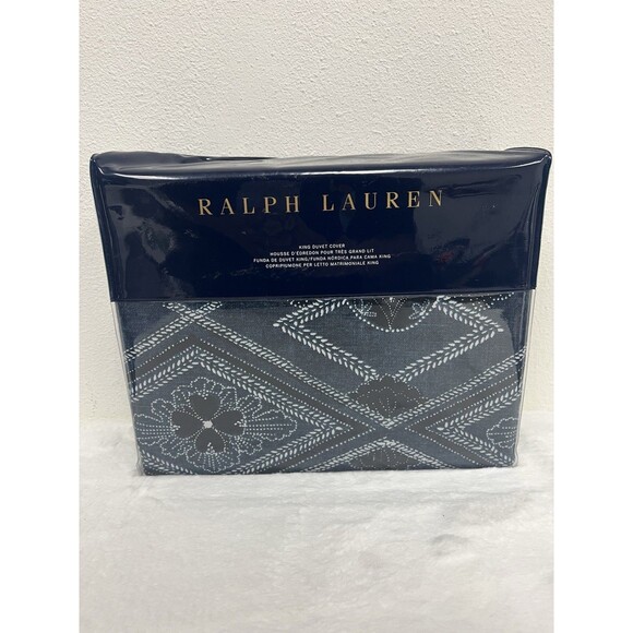 Ralph Lauren King Duvet Cover Francois Geometric Navy Blue 100% Cotton $425 New!